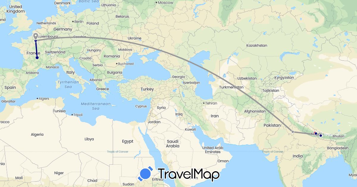 TravelMap itinerary: driving, bus, plane, hiking in France, India, Nepal (Asia, Europe)